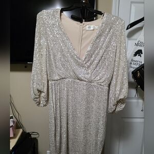 Eliza J Long Sleeve Sequin Dress in Silver